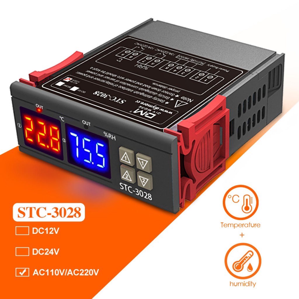 Bộ điều khiển độ ẩm nhiệt độ kỹ thuật số kép stc-3028 ac110-220v 10a