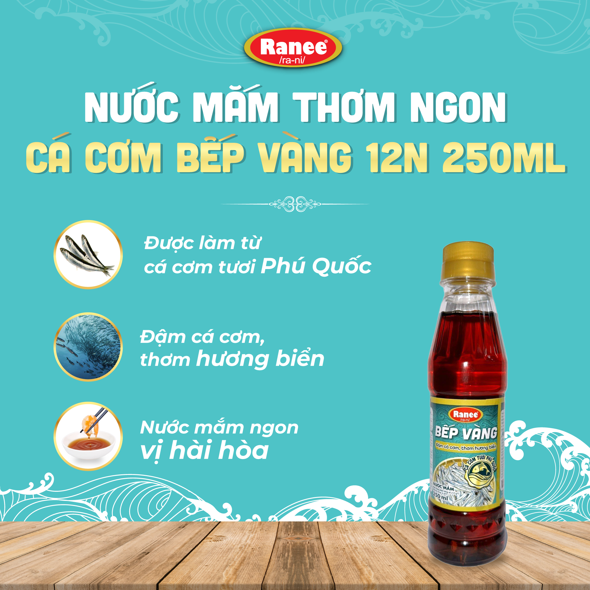 {Đơn 199k tặng hộp bơ -399k tặng vá gỗ} Nước mắm thơm ngon Cá Cơm Bếp Vàng 12N 250ml