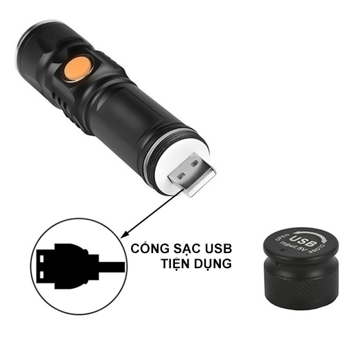 Đèn Pin LED Mini Zoom Cổng Sạc USB