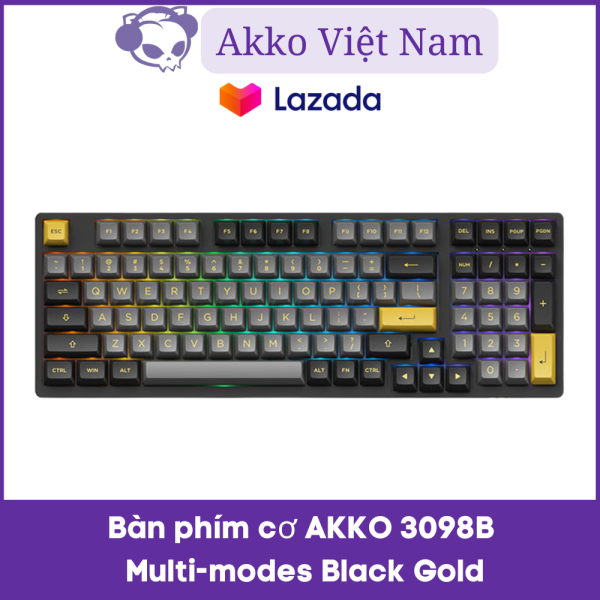 Bàn phím cơ AKKO 3098B Multi-modes Black Gold (Bluetooth 5.0 / Wireless 2.4Ghz / Hotswap / Foam tiêu âm / Foam đáy / AKKO CS Jelly switch)