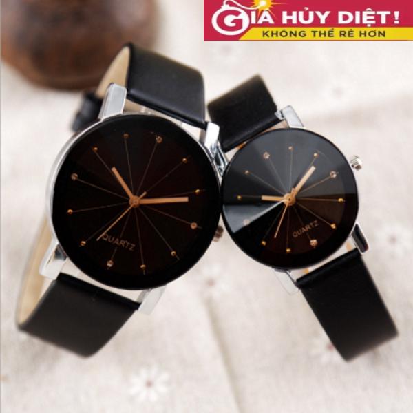 Đồng hồ cặp nam nữ dây  da kính chiếu 3D TTP 0897 (Đen mặt đen)