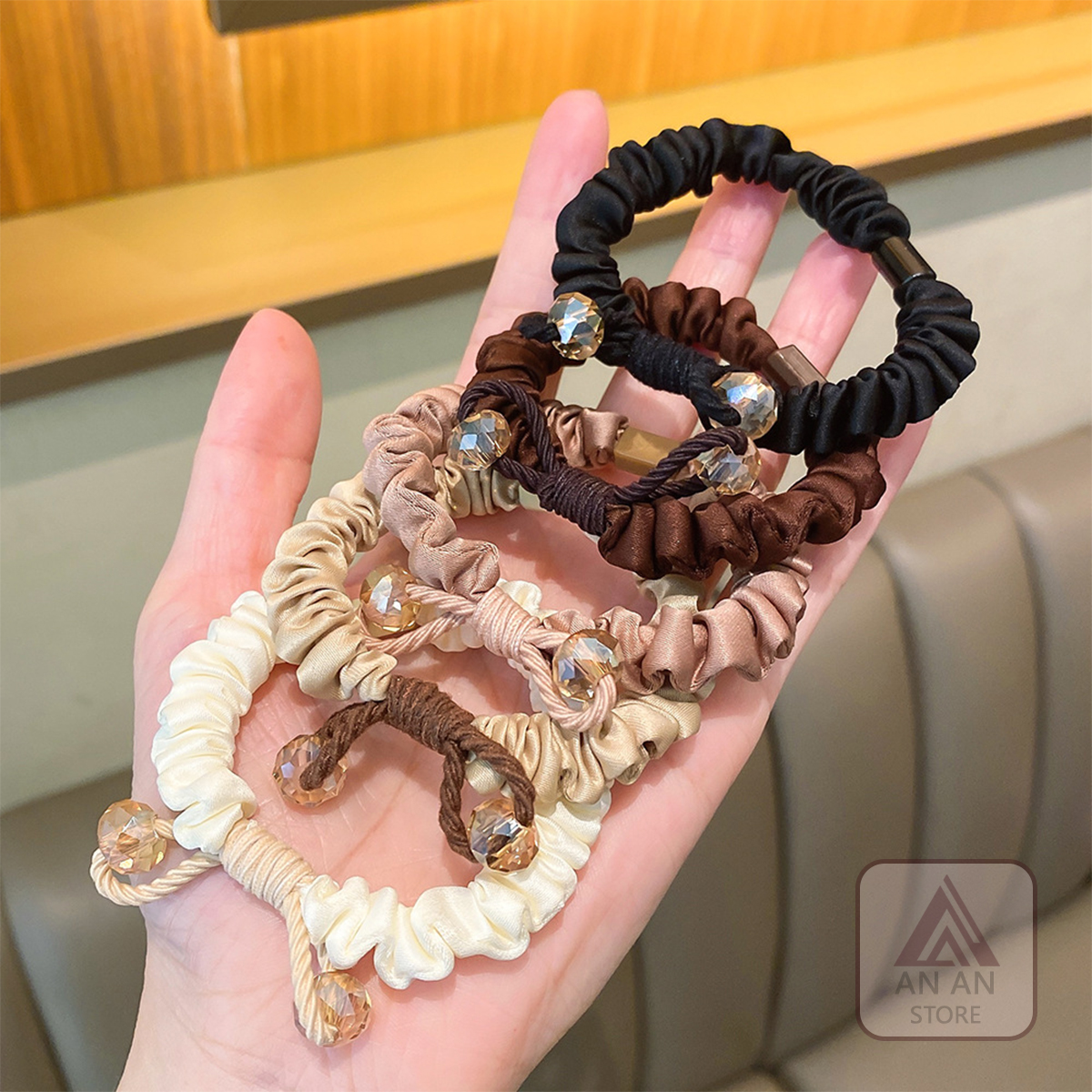 Cột Tóc Scrunchies Vải Satin Dây Nơ Ngọc