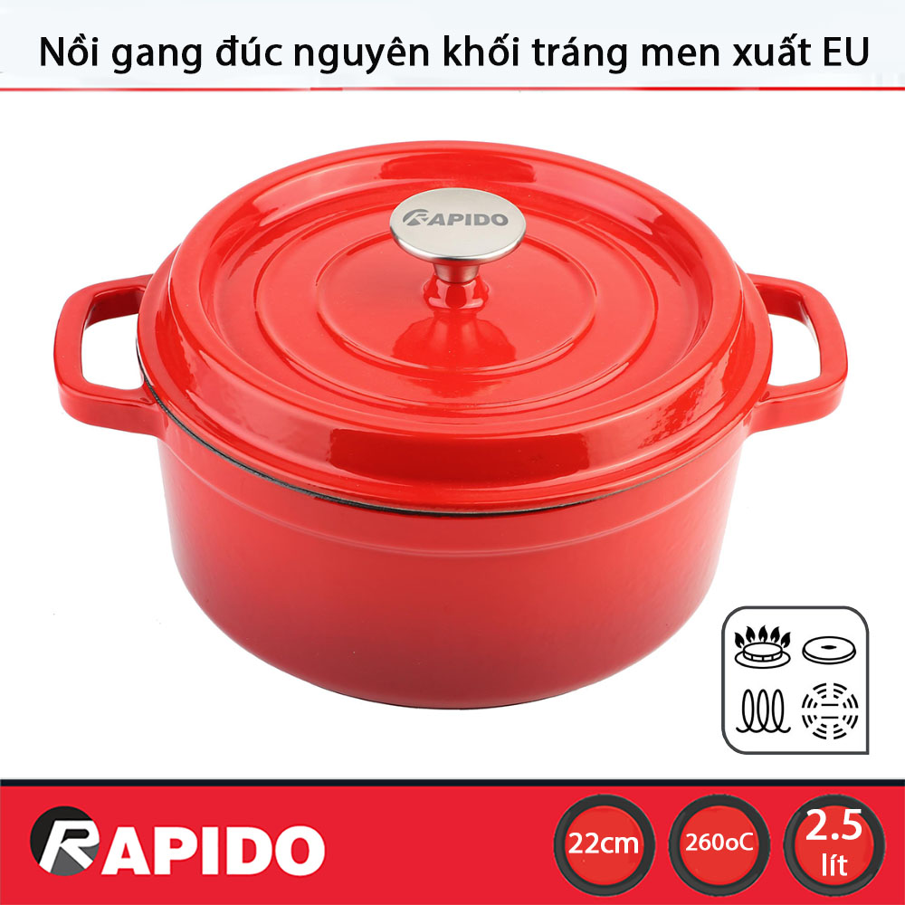 Nồi gang đúc tráng men Rapido cao cấp size 22cm, 24cm phù hợp mọi loại bếp gia đình