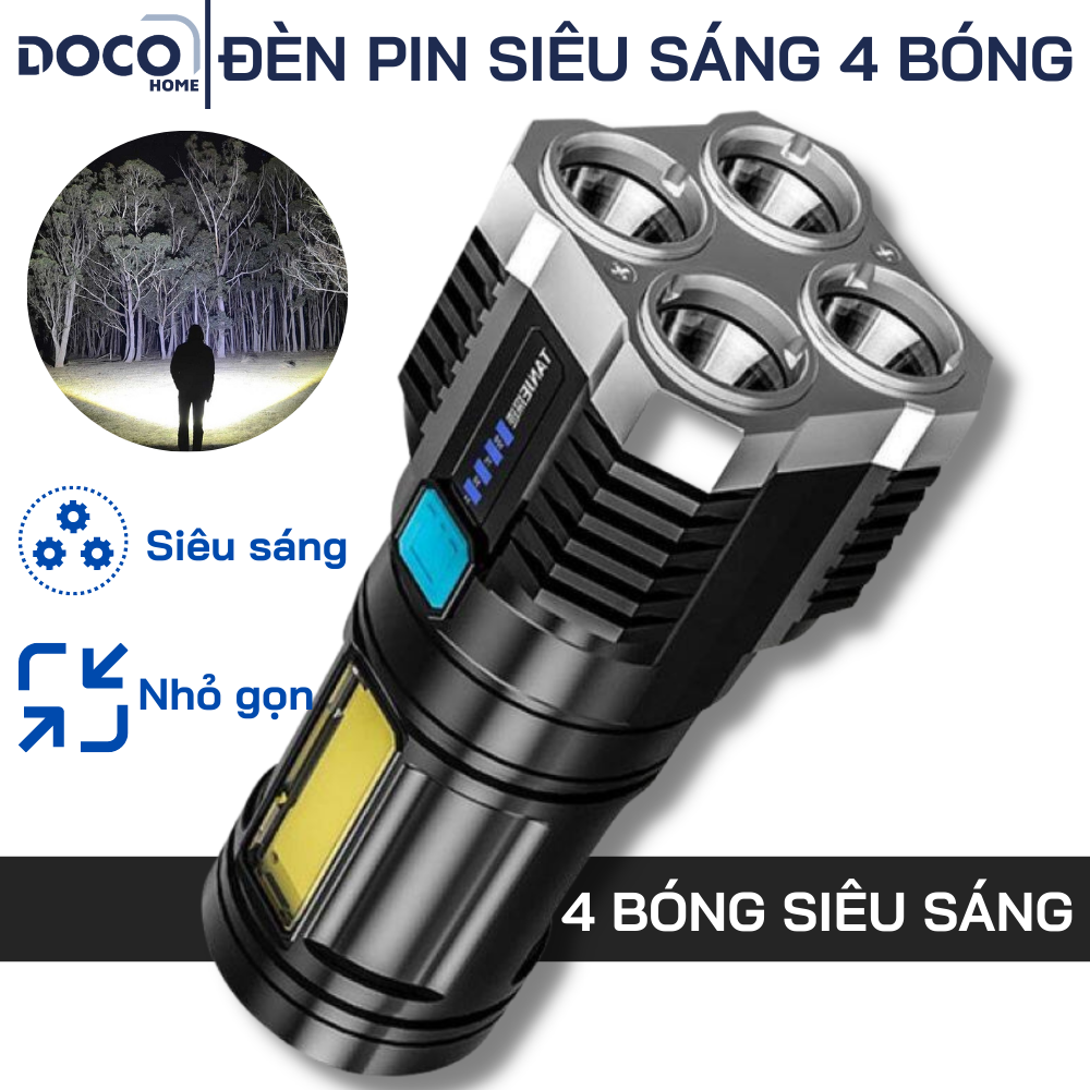 Đèn pin siêu sáng 4 bóng đèn led chiếu xa - Đèn pin mini siêu sáng cầm tay phù hợp cho du lịch - Đèn pin cầm tay siêu sáng