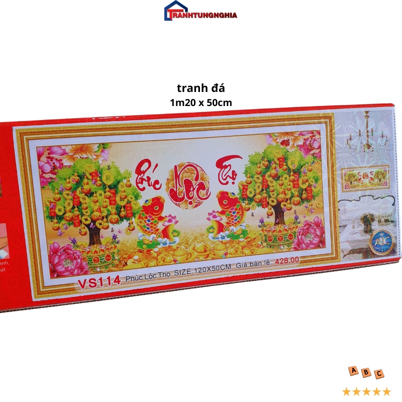 Tranh đính đá vs114 , tranh thêu chữ thập phúc lộc thọ lv3461