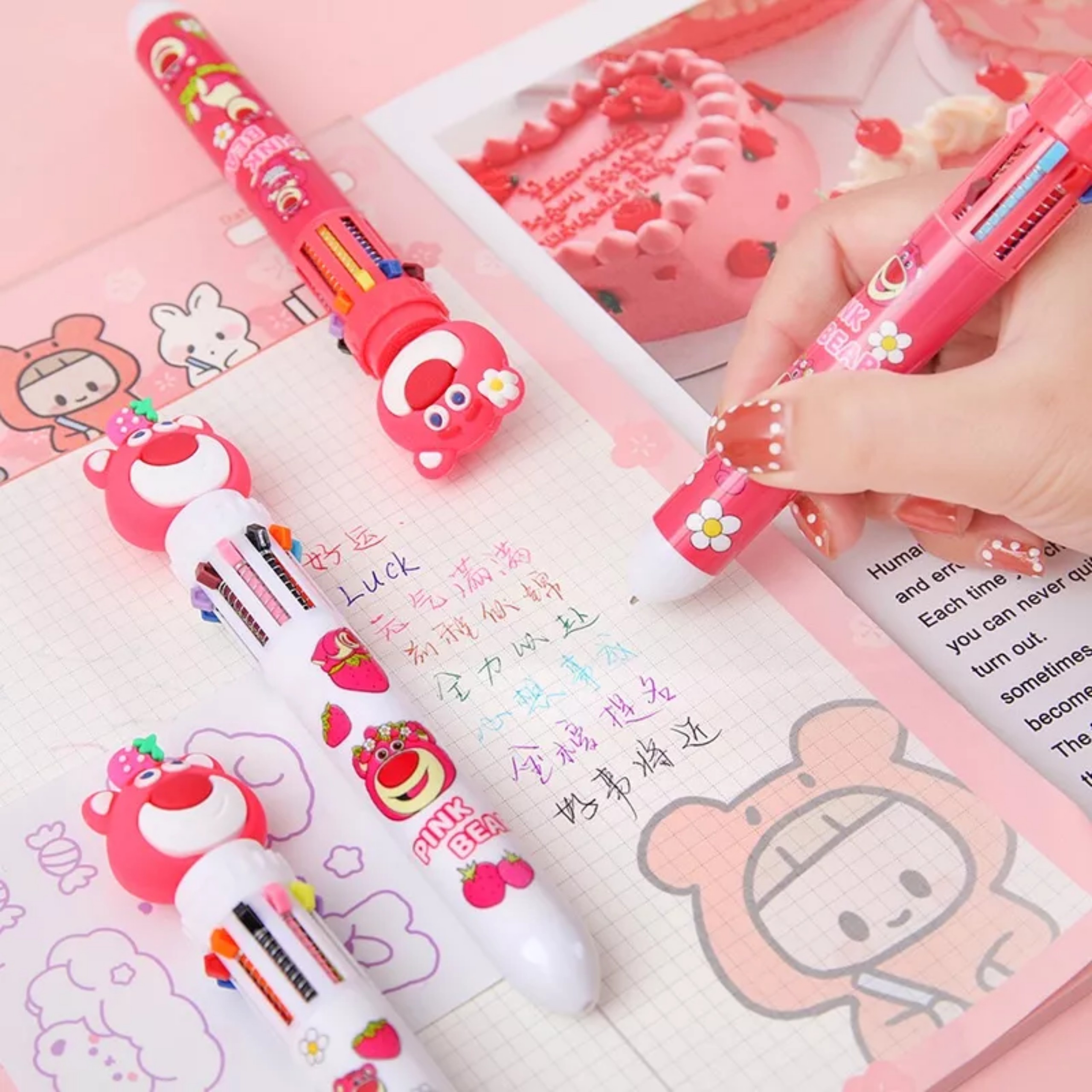 Bút Bi Bấm Hình Gấu Dâu 10 Màu