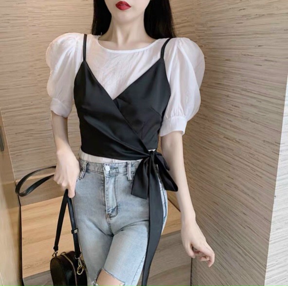 [HCM]Áo Tay phồng trắng phối 2 dây đen - UT33