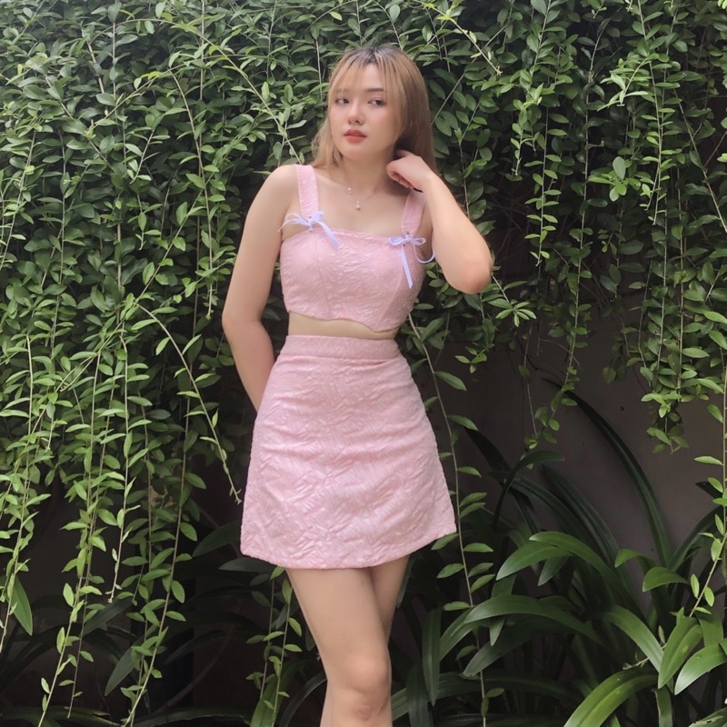 Set croptop corset thắt nơ + chân váy A (có tách lẻ) [Shi.Lingerie]