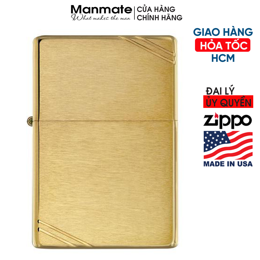 Zippo mỹ Vintage Brushed Brass tái bản (made in USA) tem đỏ, chính hãng (sản phẩm không bao gồm xăng)