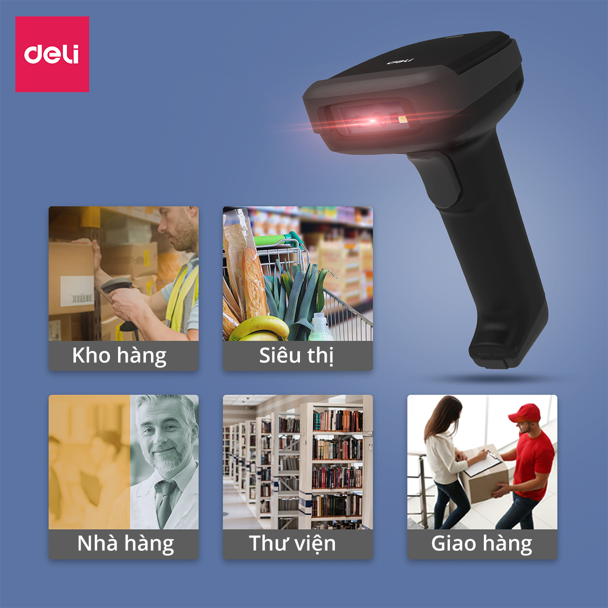 Máy Quét Mã Vạch DELI, Máy Quét Đa Tia, Kết Nối Có Dây Và Không Dây, Quét Các Loại Mã Vạch 1D 2D Barcode QR CODE, Bắn Mã Vạch Liên Tục Dùng Trong Siêu Thị, Cửa Hàng, Tạp Hóa, Hiệu Thuốc