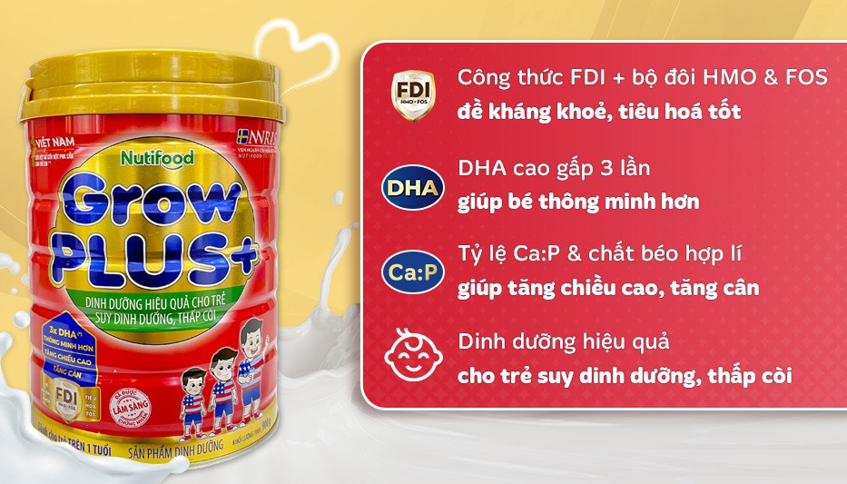 Sữa bột Nutifood GrowPLUS+ đỏ hương vani 900g (từ 1 tuổi)