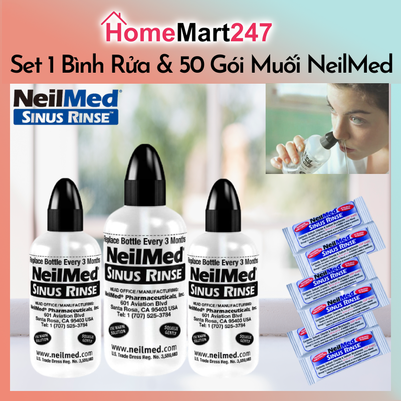 Combo 1 bình rửa mũi 240ml và 50 gói muối neilmed chính hãng mỹ - hàng tách lẻ - date 2025-2026