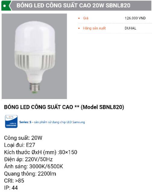 Bóng led trụ Duhal 20W/ Ánh sáng trắng