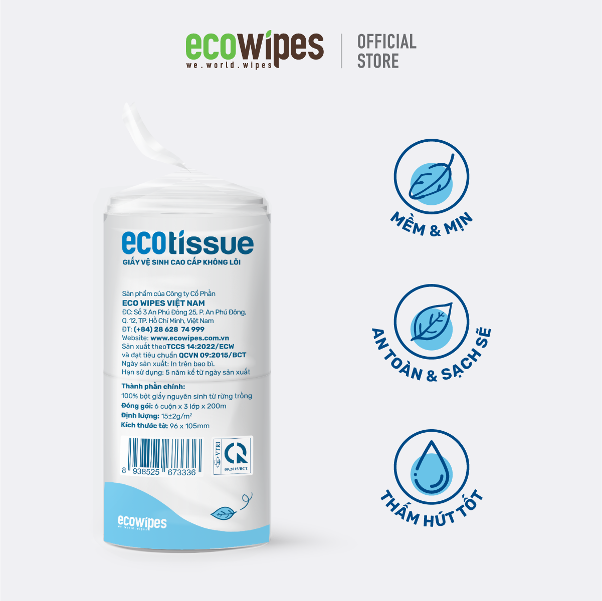 Giấy Vệ Sinh Cao Cấp 3 Lớp EcoTissue - Lốc 6 cuộn