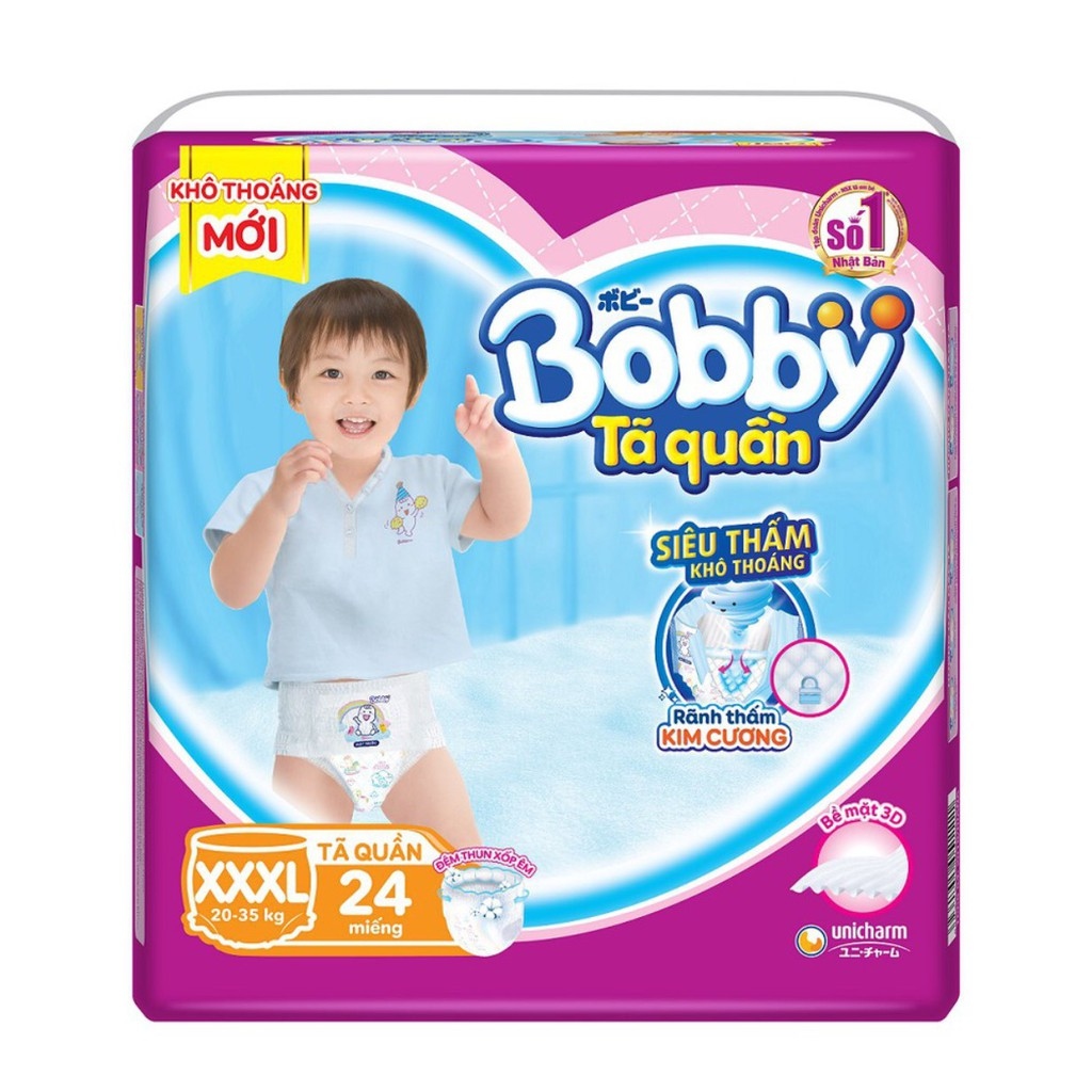 Tã Quần Bobby Size XXXL 24 miếng dành cho bé 20 đến 35 kg Rãnh thấm Kim