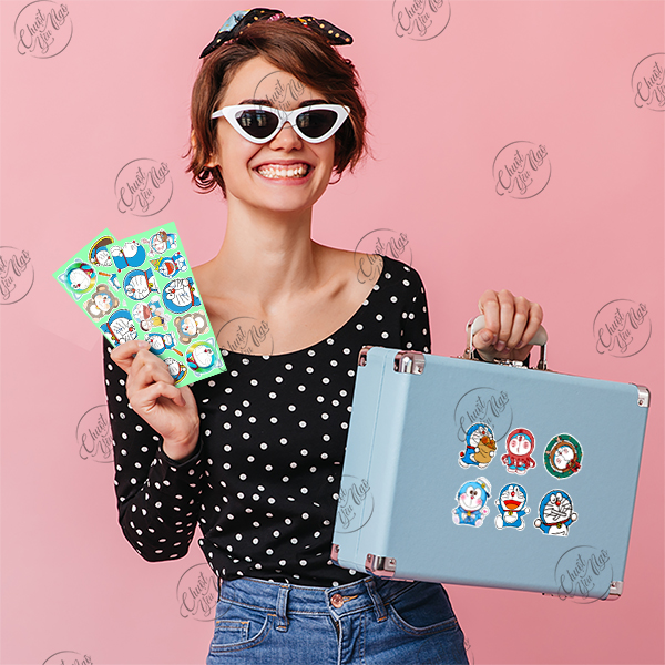 Combo 100 sticker hình dán decal chống nước chủ đề mèo máy Đô rê mon Doraemon phim hoạt hình