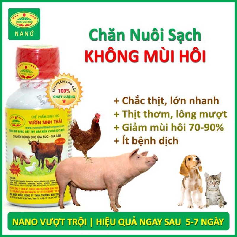Chế phẩm sinh học Chăn Nuôi không mùi hôi. Vỗ béo, tăng trọng nhanh. Dinh dưỡng bổ sung cho gia súc, gia cầm và thú cưng. Hiệu quả ngay sau 5 - 7 bữa ăn