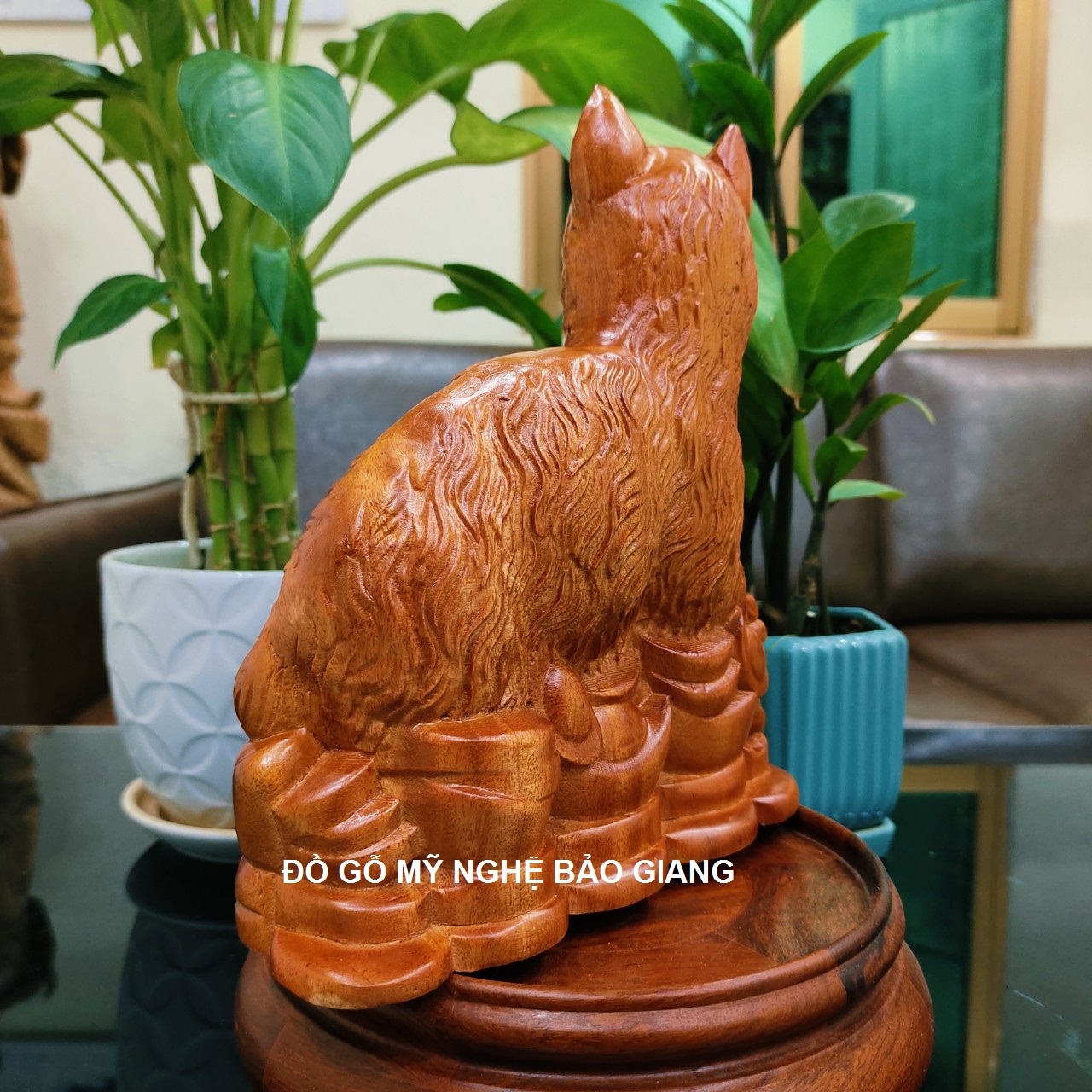 Tượng con mèo bằng gỗ hương (cao 22 ngang 20 sâu 10 cm)