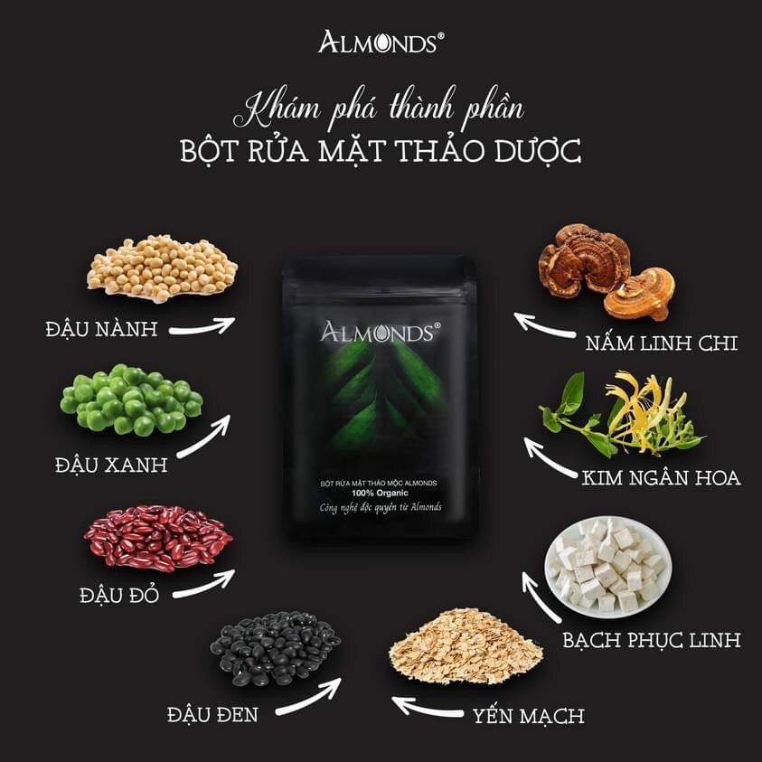 Bột rửa mặt linh chi sạch mụn trắng da Almonds 120g