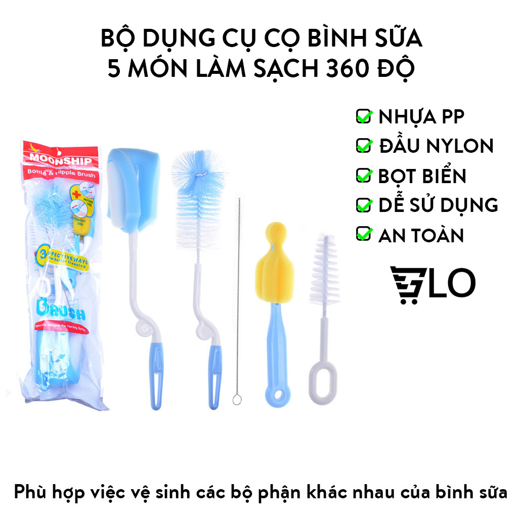 Bộ dụng cụ cọ rửa bình sữa 5 món làm sạch 360 độ