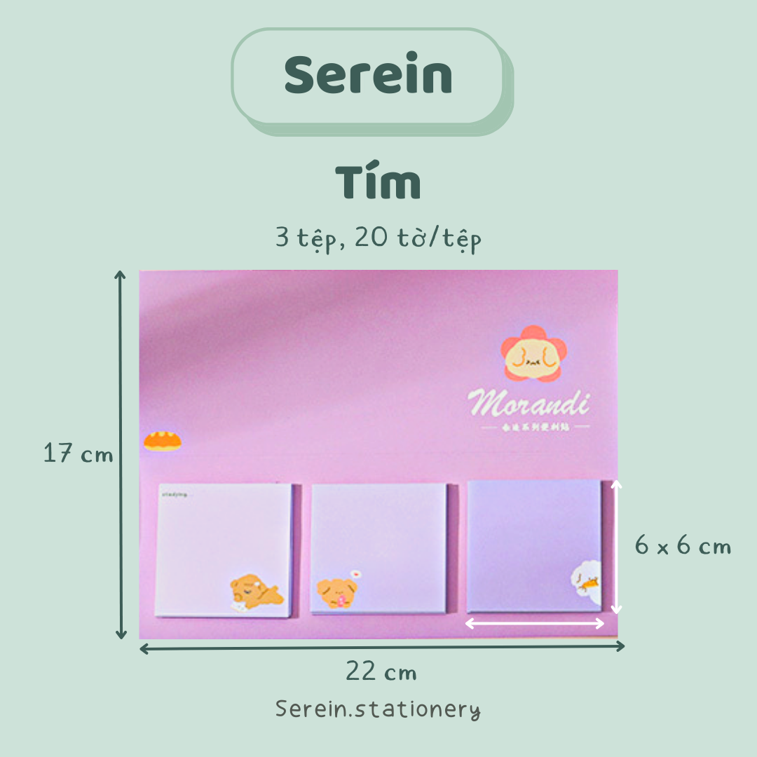 Set 3 tập giấy note cute hình thú SEREIN giấy ghi chú màu morandi văn phòng phẩm phong cách Hàn Quốc