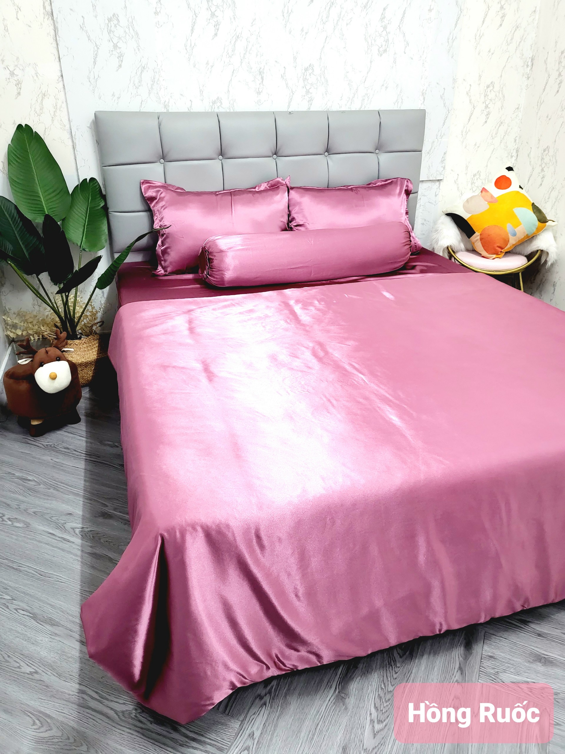 Bộ 5 món 4 món Chăn ga phi lụa Thái Tuấn cao cấp loại 1 - Mã màu phi lụa Hồng Ruốc