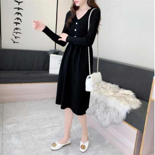 VÁY LEN QUẢNG CHÂU DÁNG DÀI cổ V DÀI TAY (FREESIZE 45kg-58kg)