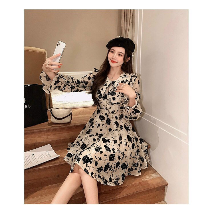 ĐẦM HOA MANGO ĐEN TRẮNG CỔ SEN XINH LUNG LINH LT