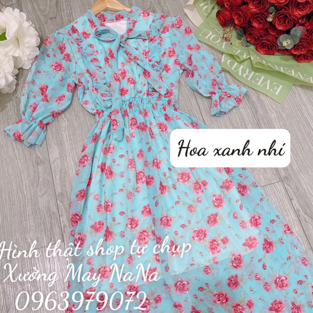 Đầm hoa nhí cột nơ tiểu thư  -video+hình thật