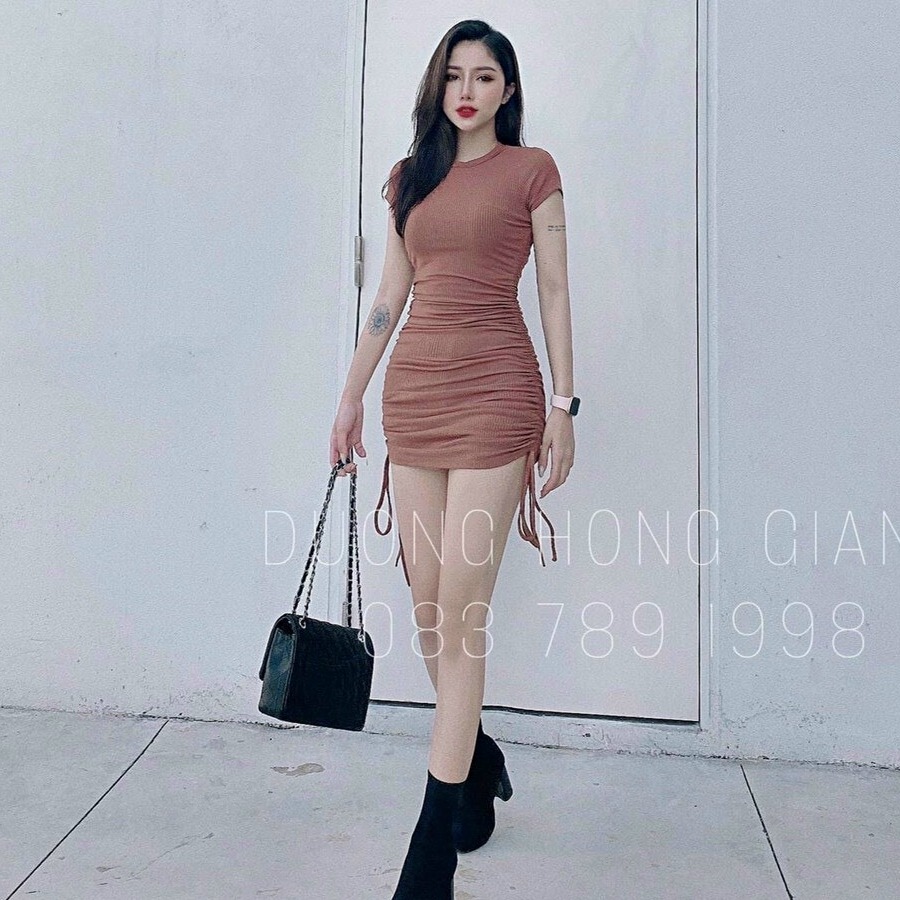 Váy đầm nữ body cổ tròn nhúm hông cột nơ