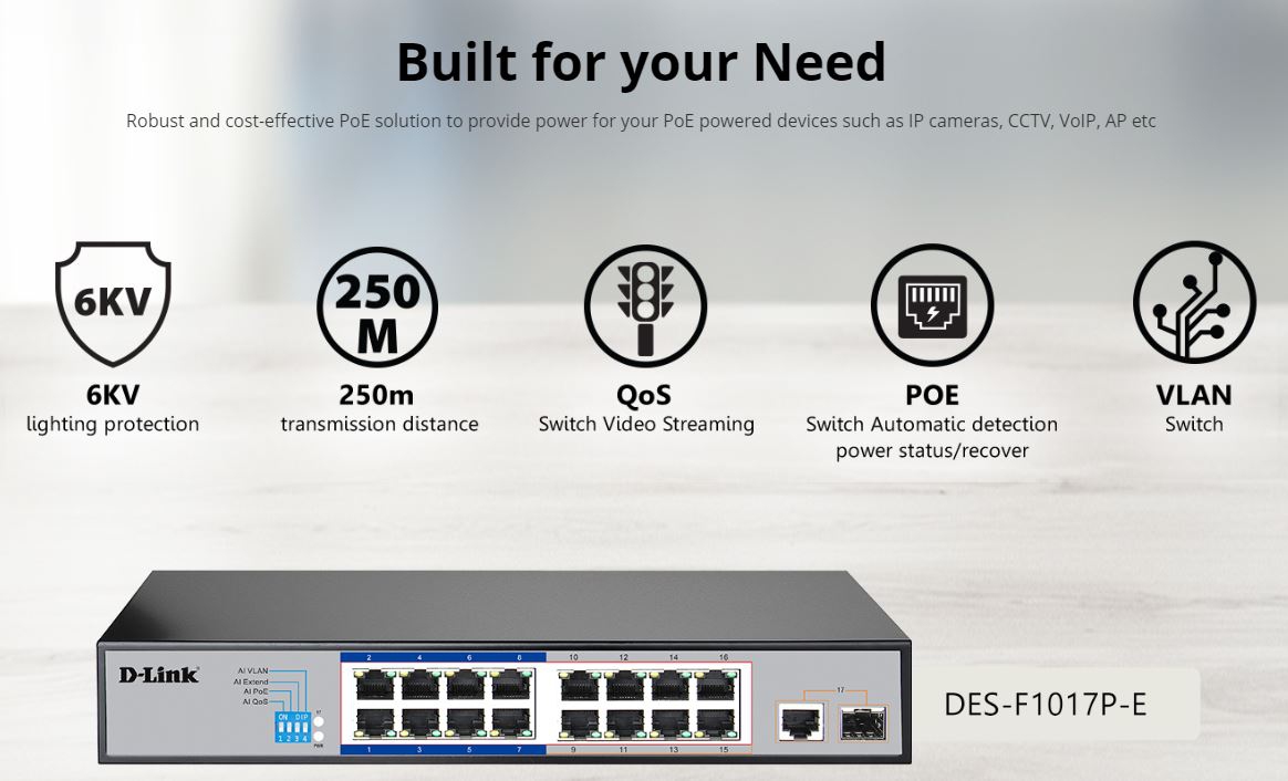 Switch PoE 16 Port D-LINK DES-F1017P (Chuyên dùng cho camera quan sát)