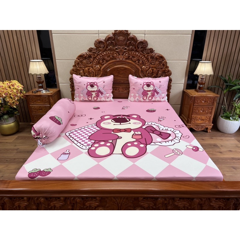 Bộ ga gối gấu dâu ( gấu Lotso ) thun mát lạnh 5D