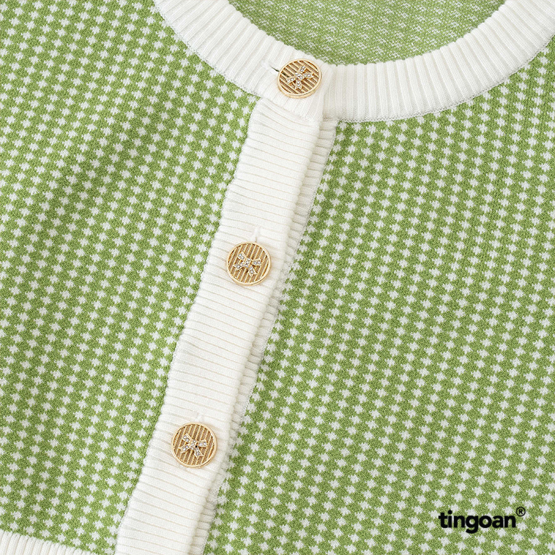 TINGOAN® - Áo set len cardigan lửng tặng kèm quây 2 dây kẻ caro xanh nhỏ vai bồng LOULOU CARDIGAN/GREEN