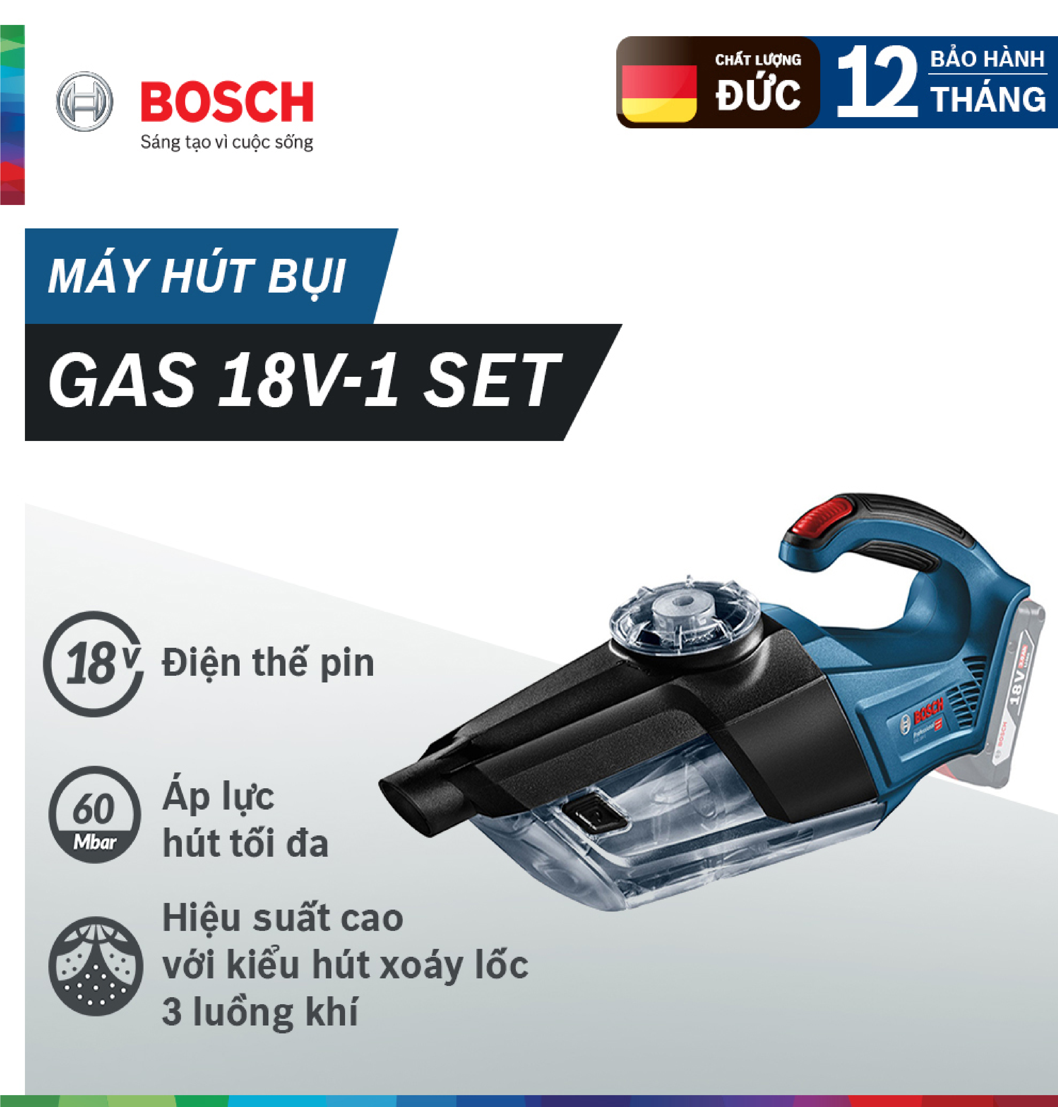 Máy hút bụi Bosch GAS 18V-1 SET (1 Pin 18V 3.0Ah + 1 Sạc)