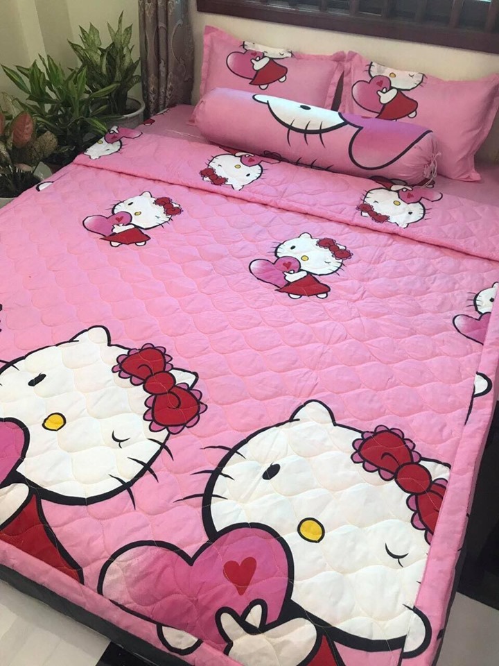 Bộ Chăn Ga Gối Cotton Poly - Hình Kitty Ôm Tim ( 3 Món , 4 Món , 5 Món ) Tiệm Nhà Cá