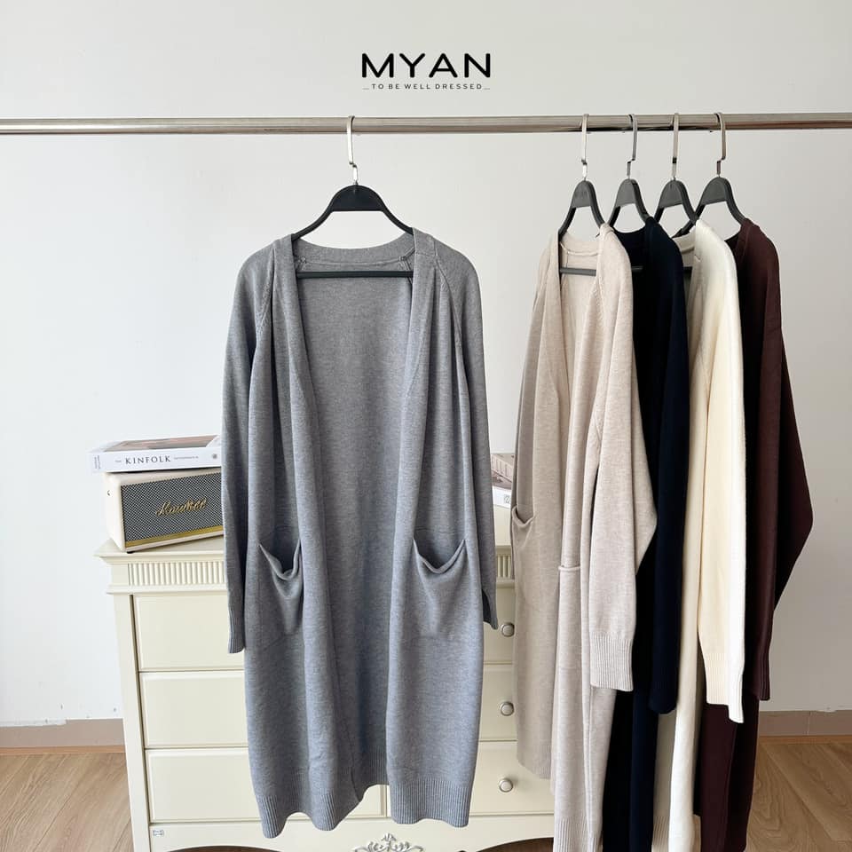 Áo khoác cardigan nữ dáng dài myan áo choàng len 2 túi trước không cúc màu đen, kem, ghi, nâu, be a112209