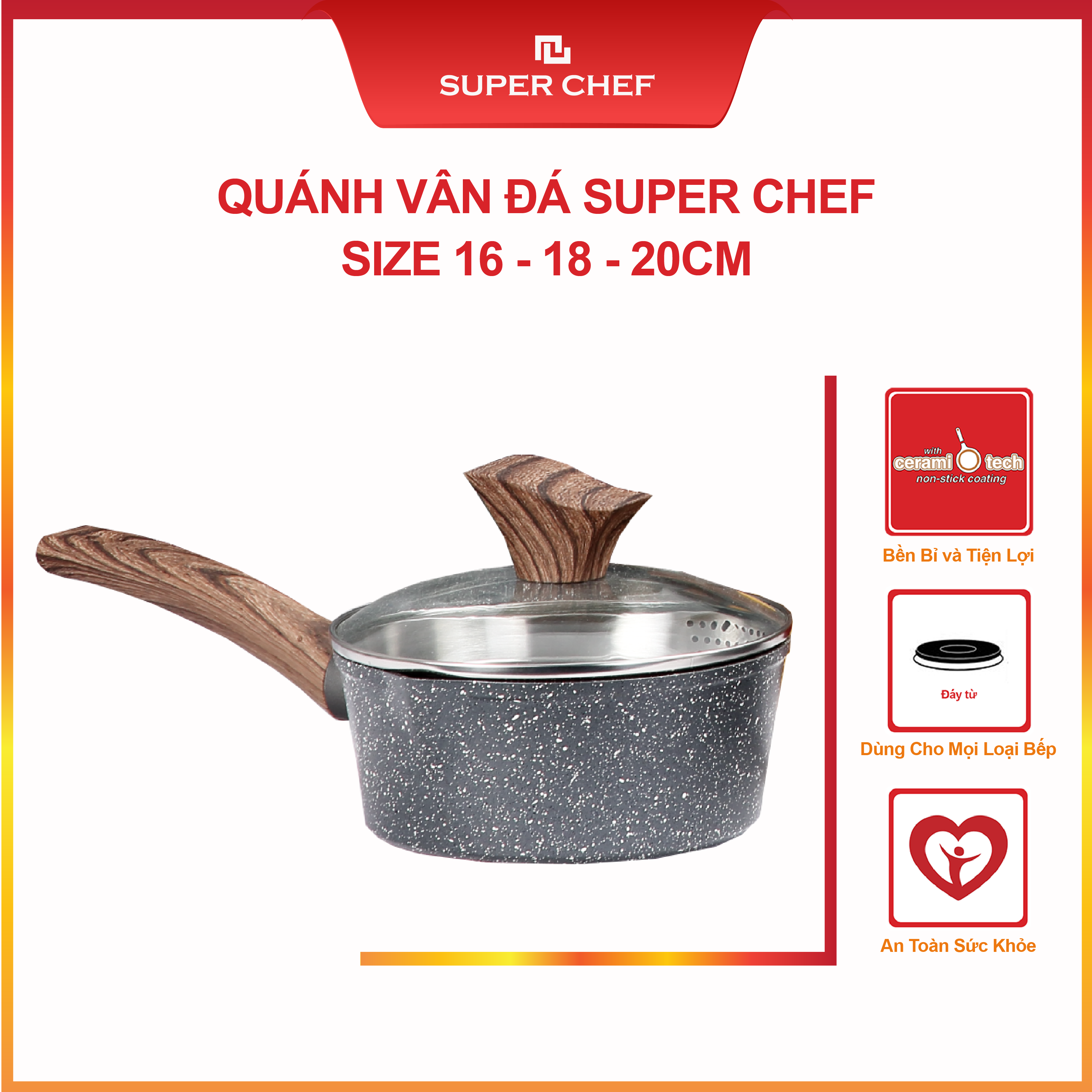 Nồi vân đá chống dính đáy từ 2 miệng rót cán dài super chef hạn chế dầu mỡ, siêu an toàn, bền bỉ