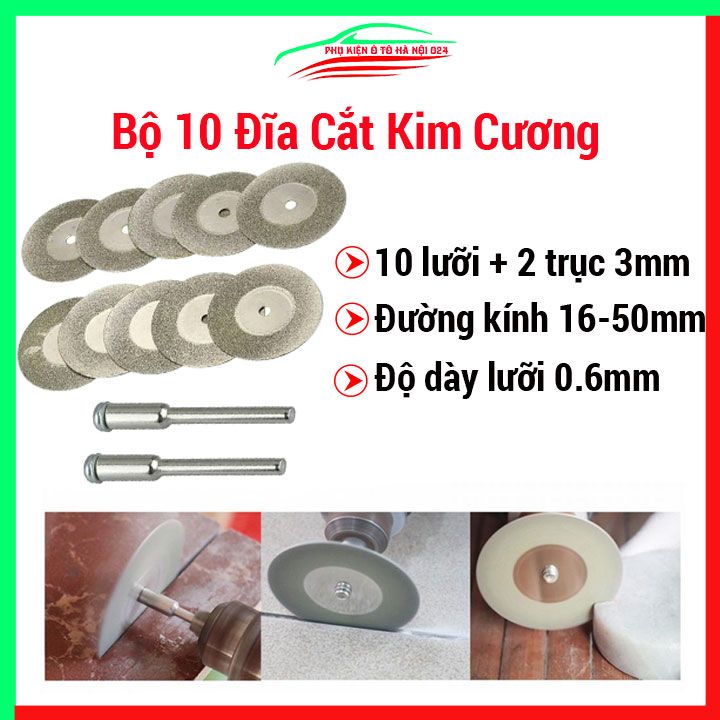 Bộ 10 đĩa cắt kim cương kèm trục cắt 3mm đường kính đĩa 16-50mm