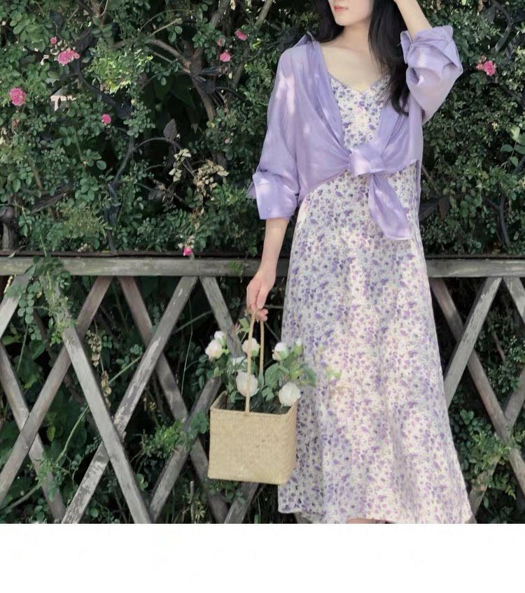 Đầm midi hoa khoát sơ mi tím cực xinh