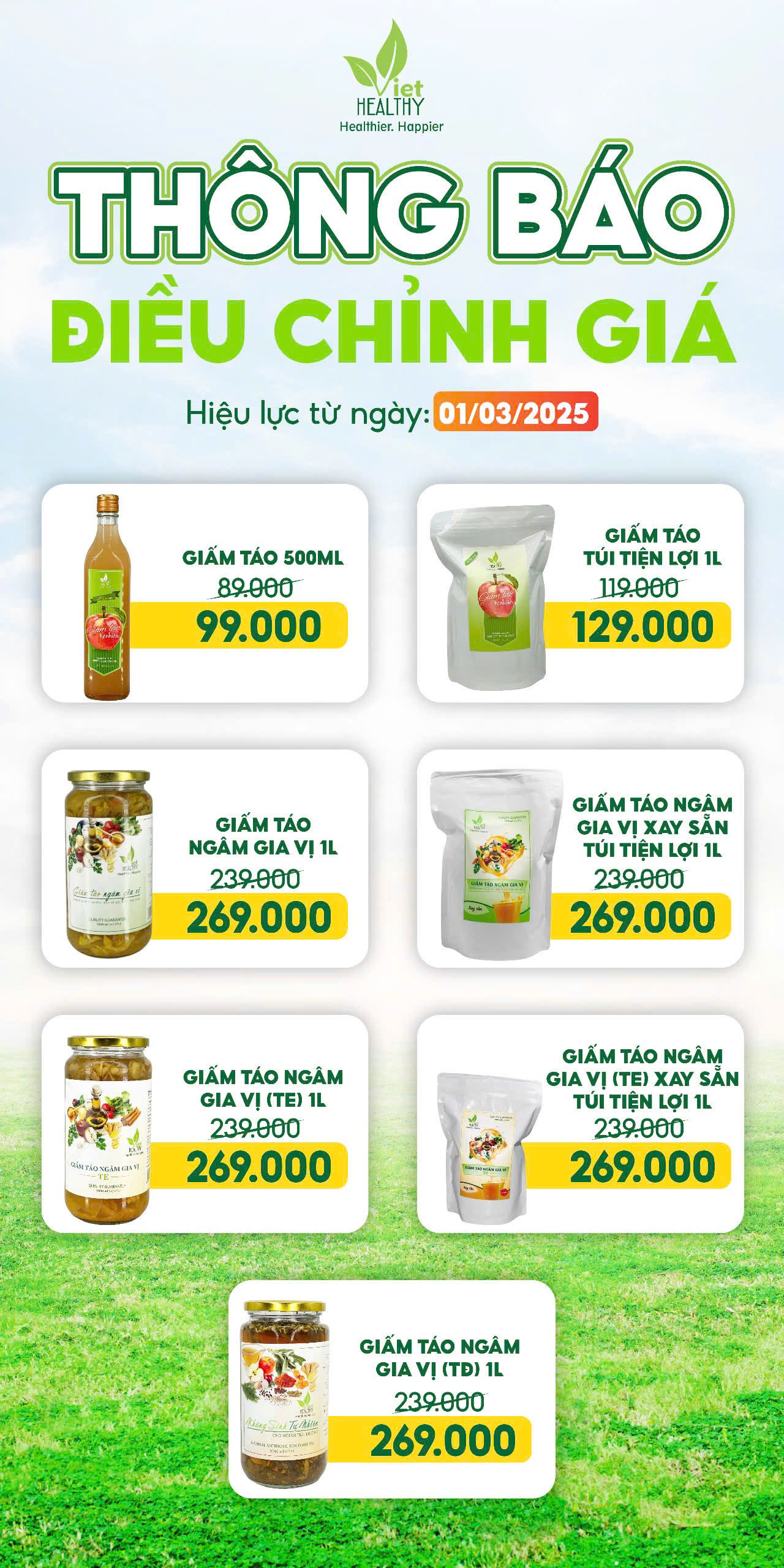 Giấm táo 1 lít Viethealthy (Túi tiện lợi)