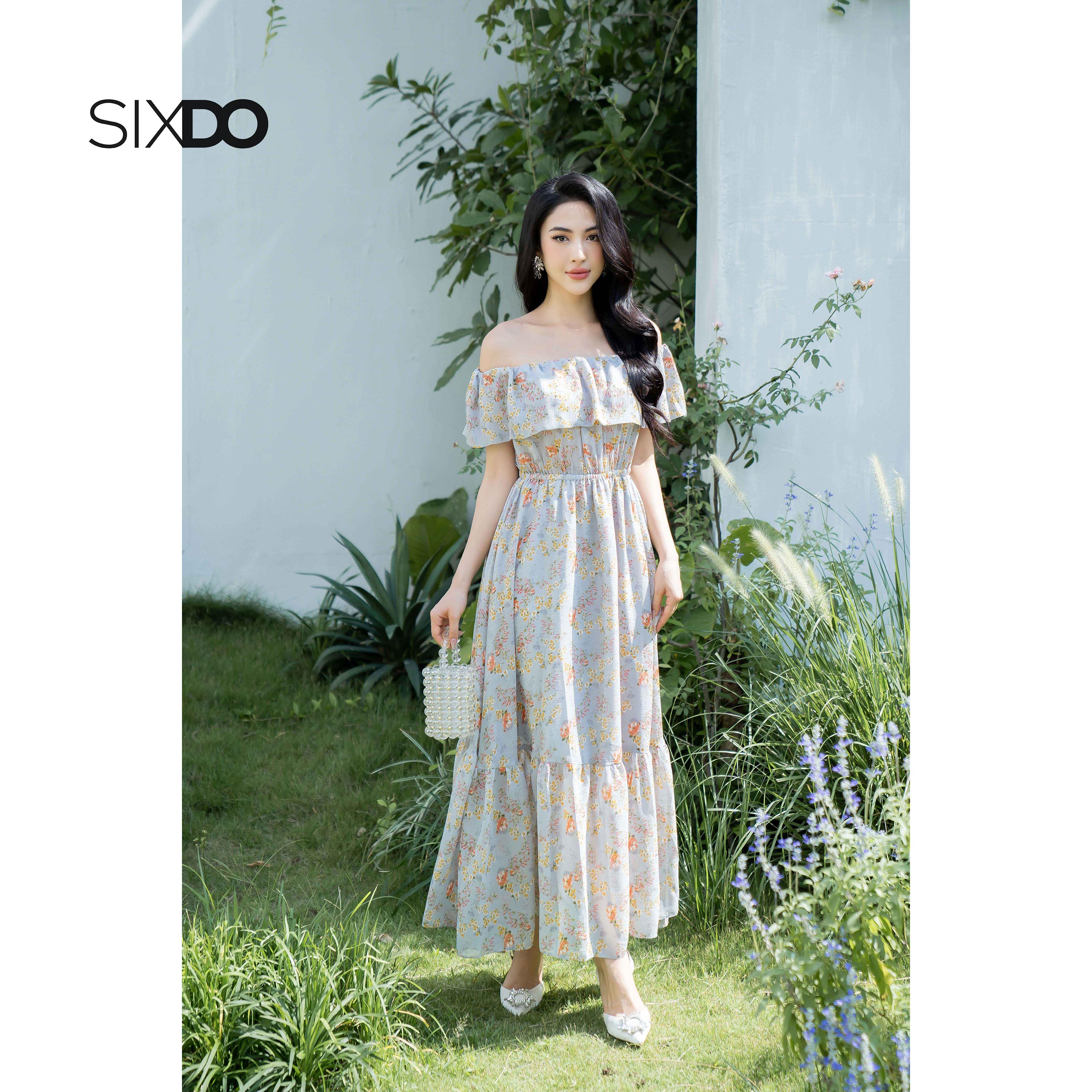 Đầm maxi voan hoa trễ vai SIXDO (Grey Floral  Maxi Voile Dress)