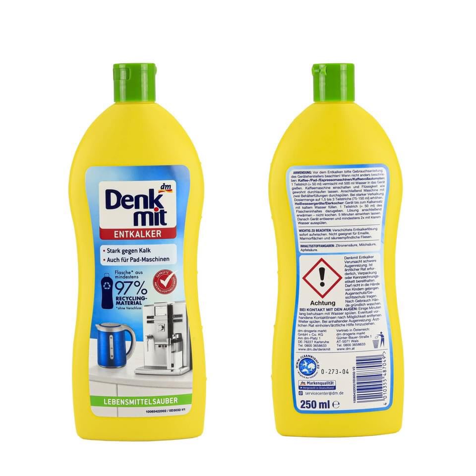 Dung dịch tẩy cặn canxi cho ấm đun siêu tốc, máy pha cà phê Denkmit Entkalker 250ml