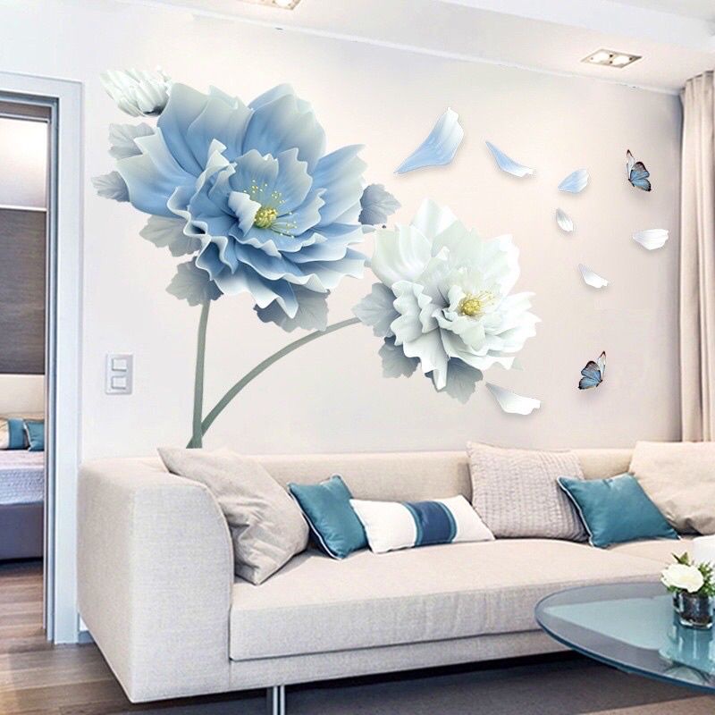 Decal dán tường sẵn keo hoa xanh 3D trang trí phòng khách