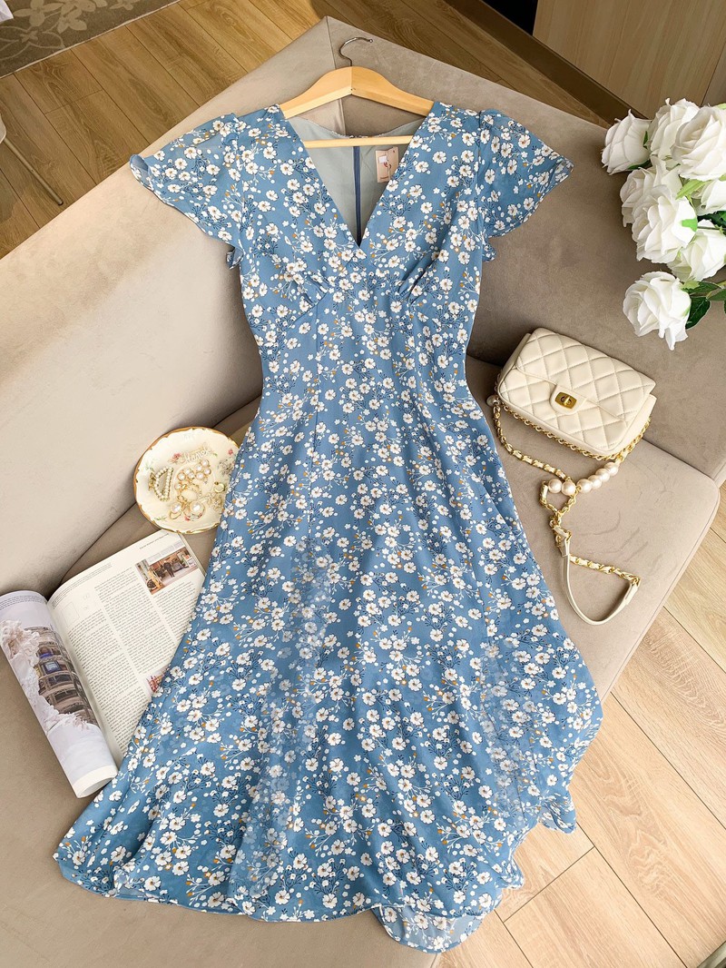 [HCM]ĐẦM MAXI HOA  CỔ TIM BLUE