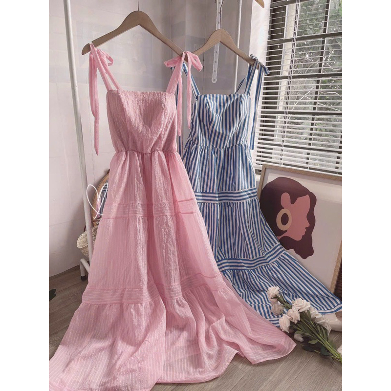Đầm maxi kẻ sọc 2 dây cột nơ vai