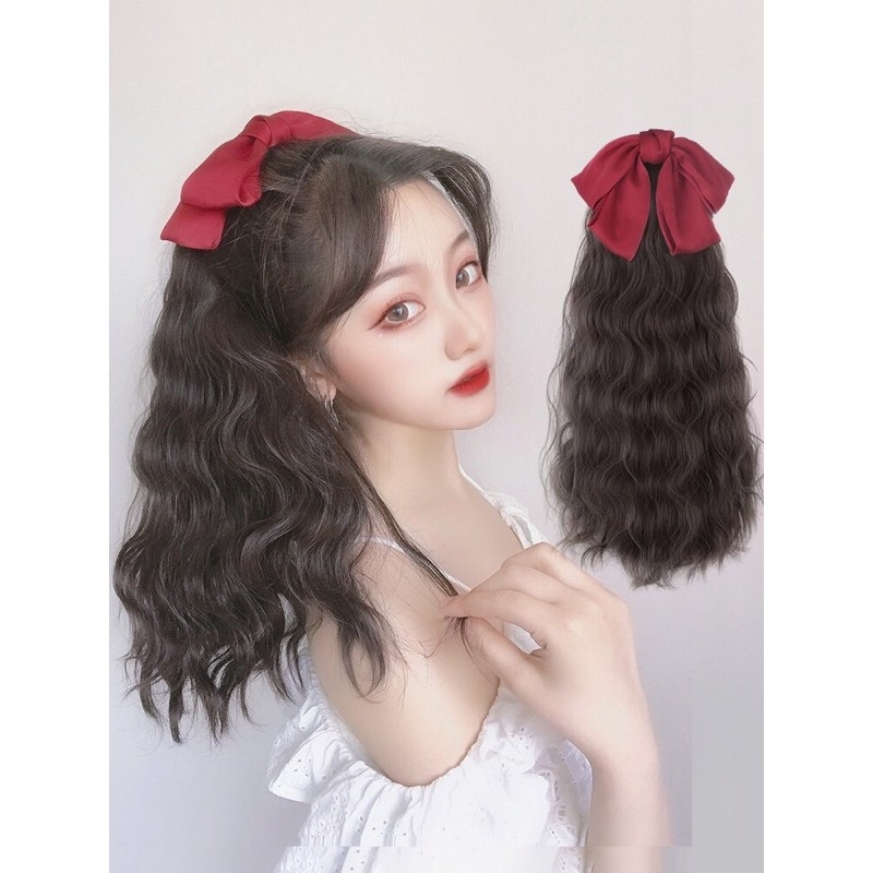 [ HÀNG HÓT, 40CM ] tóc giả nữ cột xù nơ đỏ, tóc giả buộc, tóc giả nơ