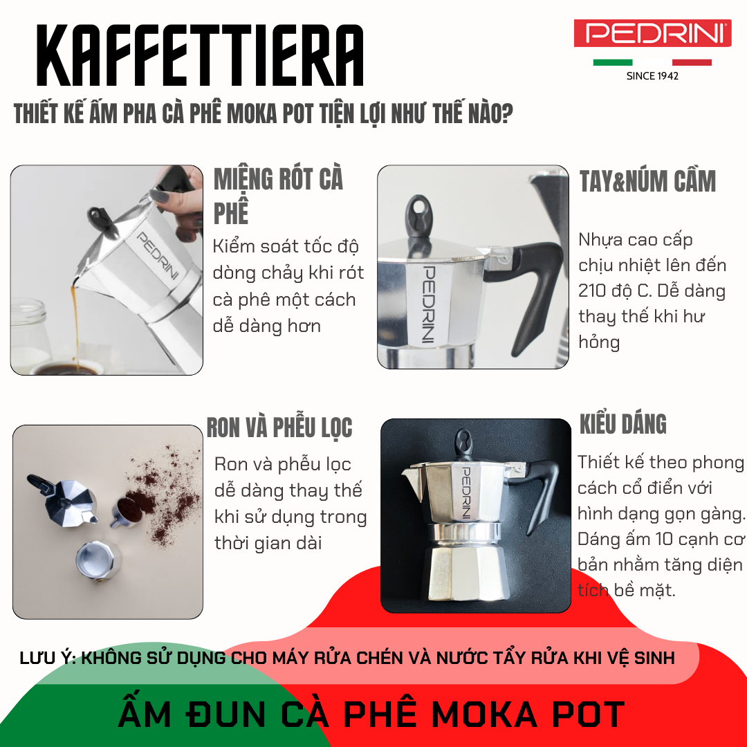 Ấm Pha Cà Phê Kiểu Ý Moka Pot PEDRINI Kaffettiera Bằng Nhôm Nhập Khẩu Chính Hãng - Loại 1,2,3, 6 Cups - Màu Đen