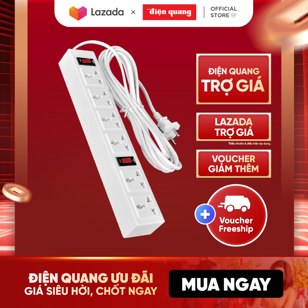 Ổ cắm điện đa năng Điện Quang ĐQ 003A-04 (6 lỗ 3 chấu) công suất 2500w, tự ngắt khi quá tải, BH 12 tháng