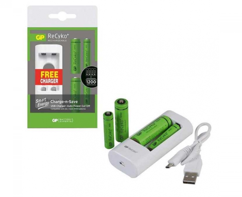 Bộ 2 pin AA, 2 pin AAA và sạc đôi GP Recyko