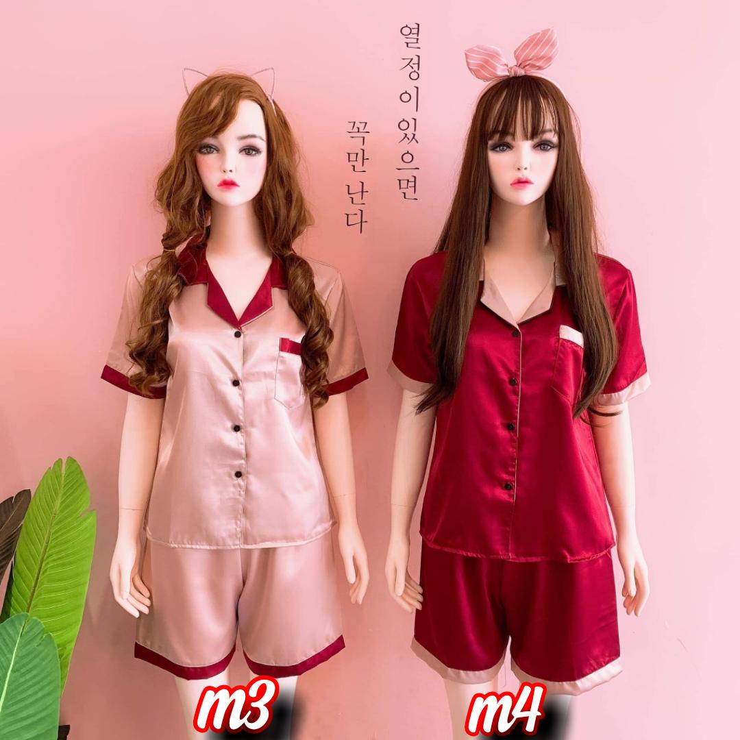 [HCM]Bộ Pijama Lụa Bóng Ngắn Phối Màu Đơn Giản Sang Trọng